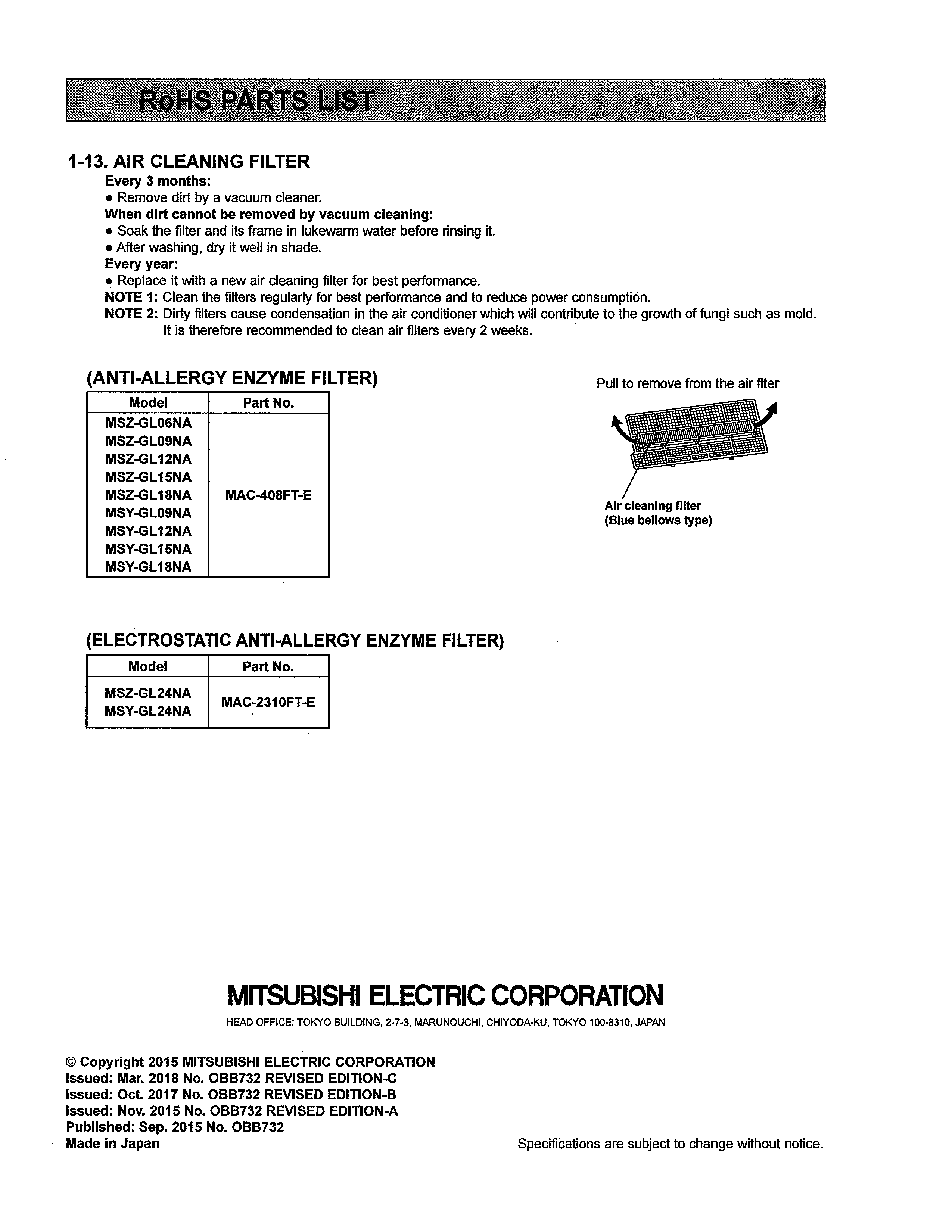 User Manual Mitsubishi Msz Gl Na U English Pages Off