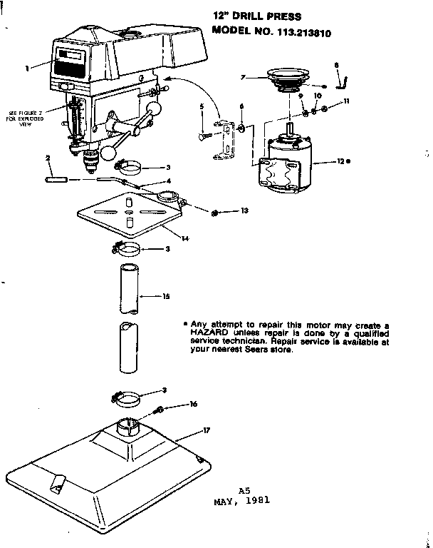 Craftsman 12 In Drill Press Parts Model 113213810 Sears Partsdirect