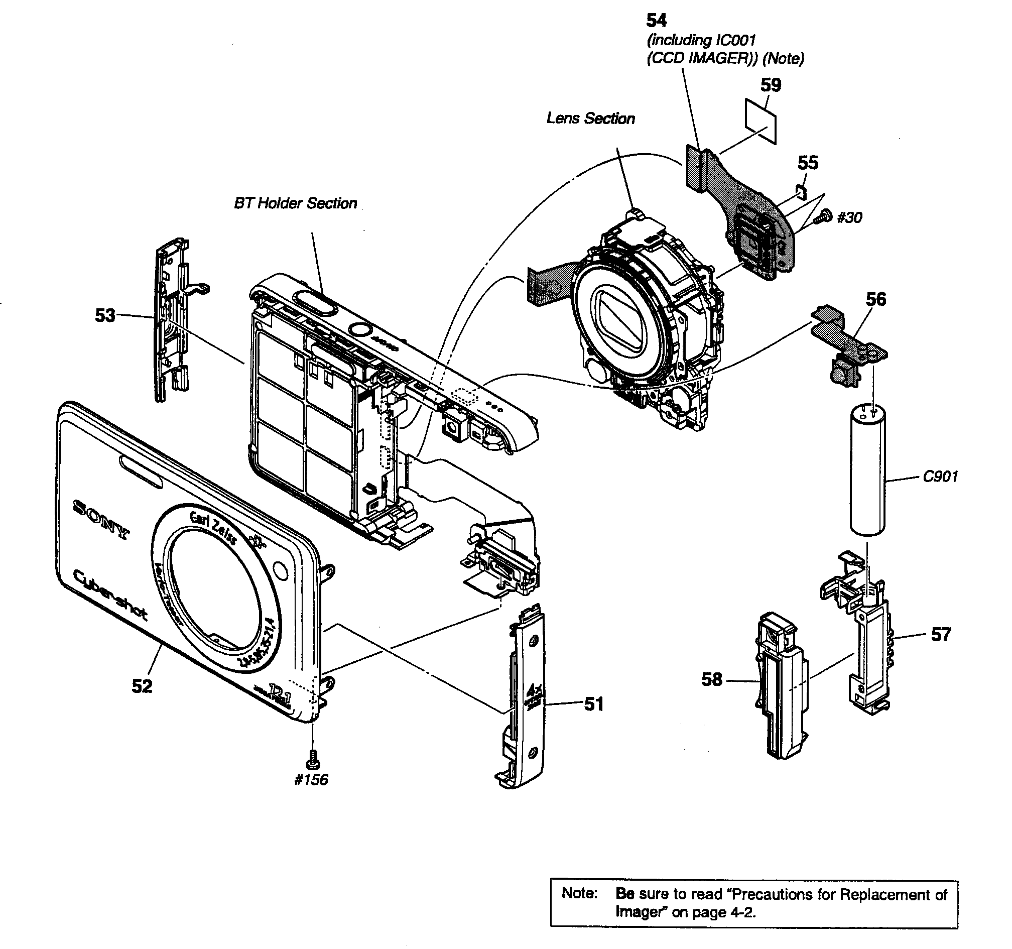 FRONT ASSY Diagram & Parts List for Model DSCW230 SonyParts Camera