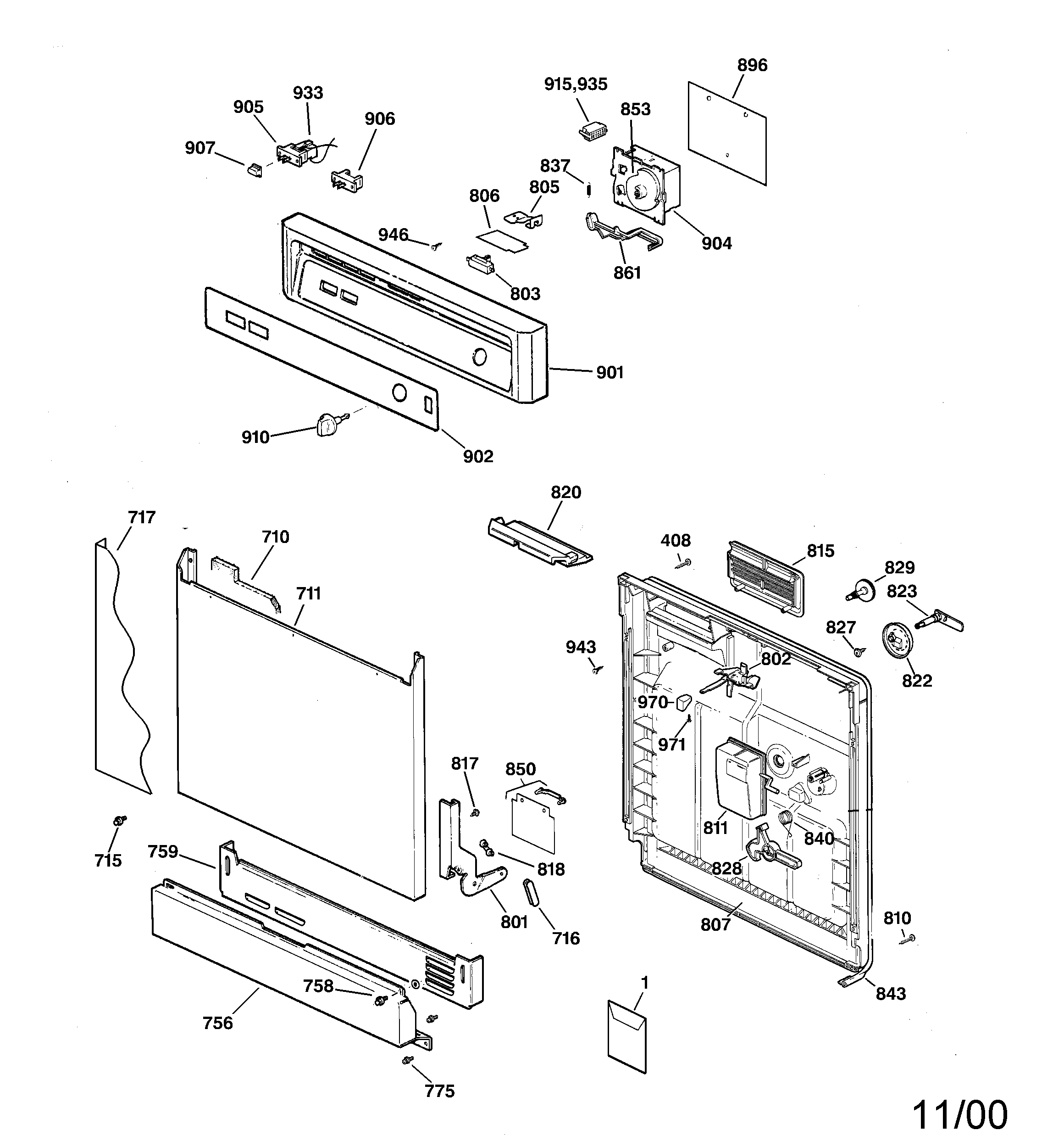 Diagram of reassembling door on GSM2130FOOWW dishwasher