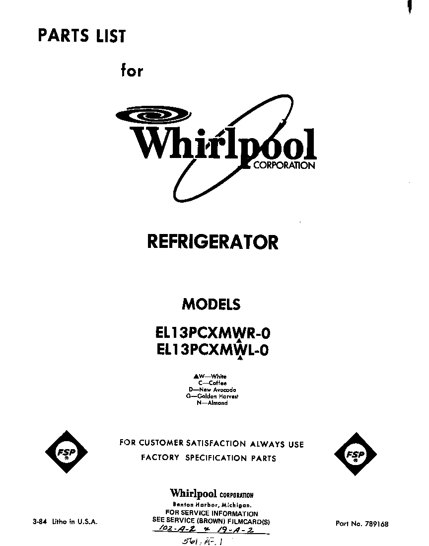 Whirlpool  Refrigerators   Parts