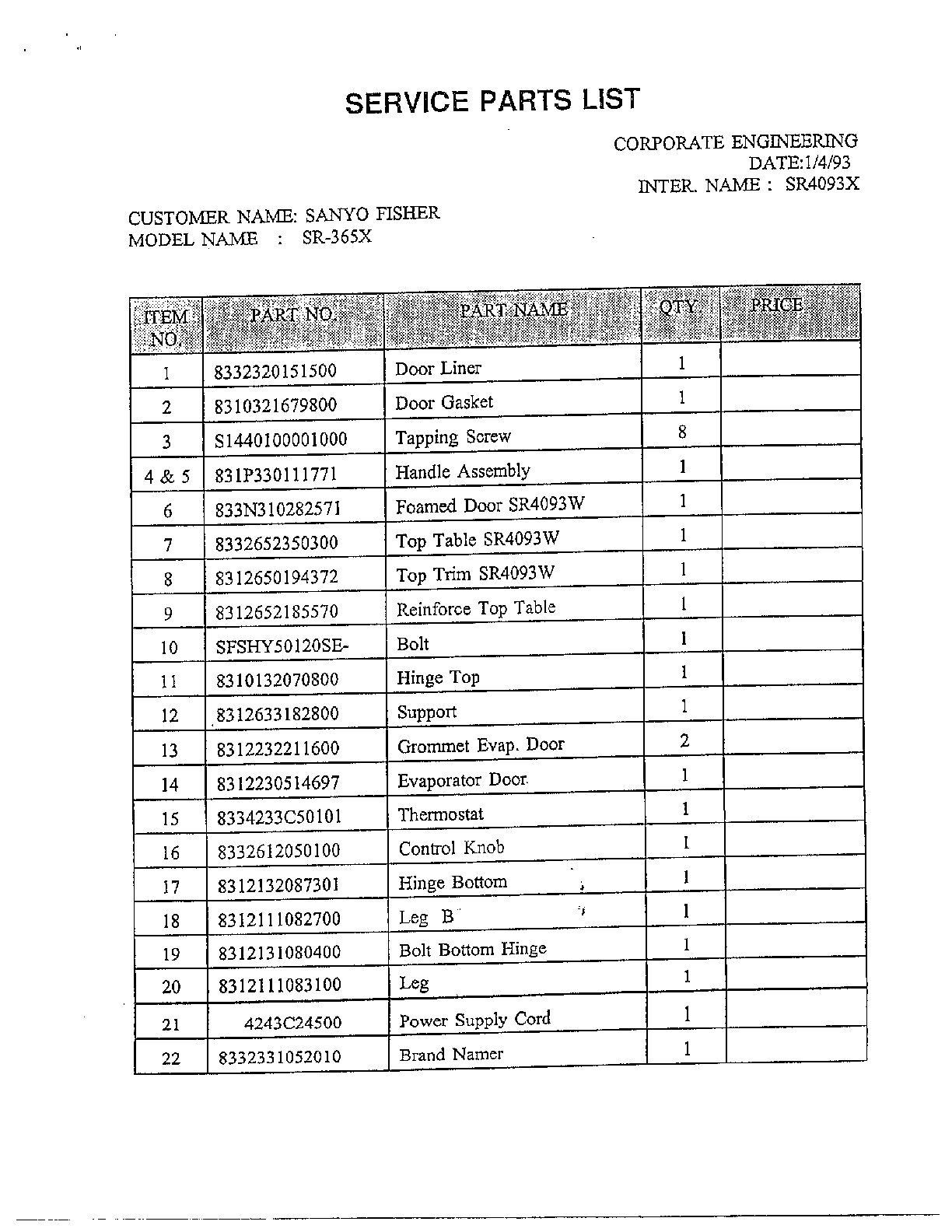 COMPLETE REFRIGERATOR Diagram & Parts List for Model SR365X SanyoParts