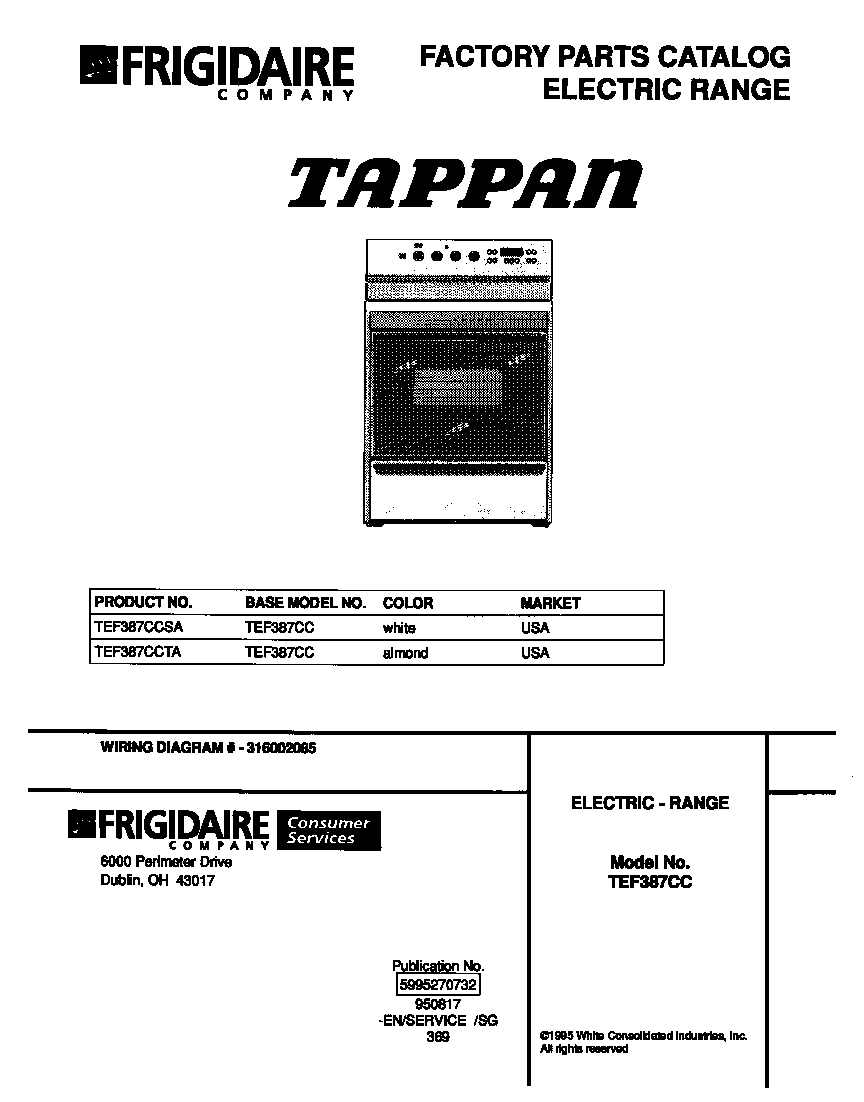 TAPPAN TAPPAN ELECTRIC RANGE 5995270732 Parts Model TEF387CCTA