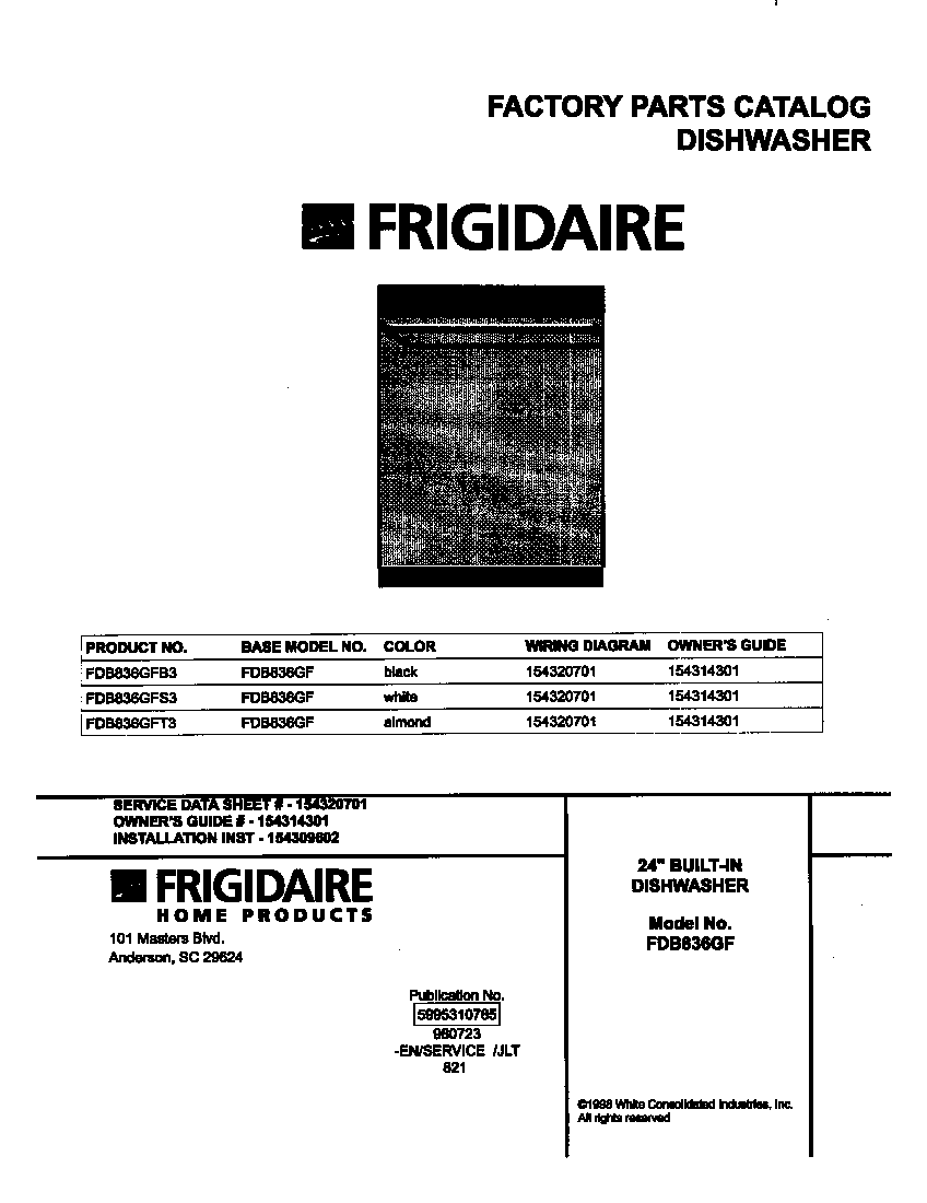 FRIGIDAIRE FRIGIDAIRE/DISHWASHER P5995310785 Parts Model FDB836GFT3