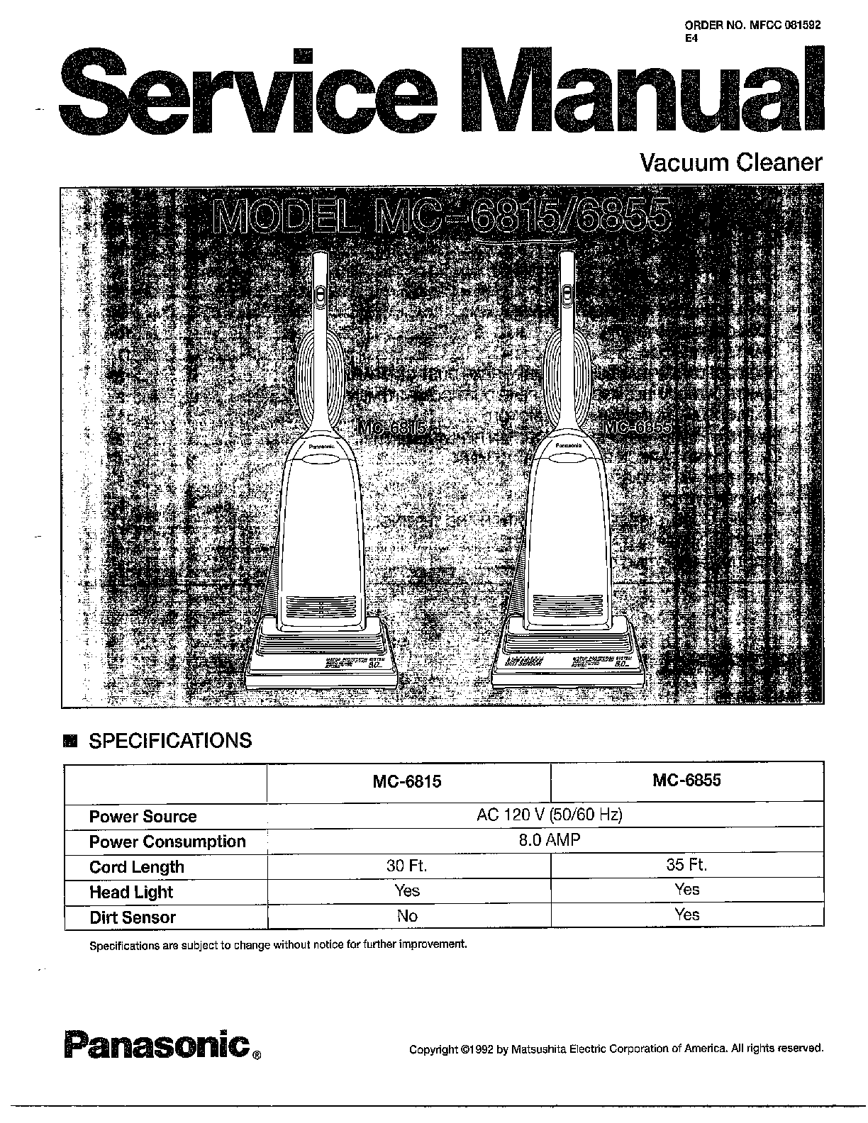 PANASONIC VACUUM CLEANER Parts Model MC6855 Sears PartsDirect