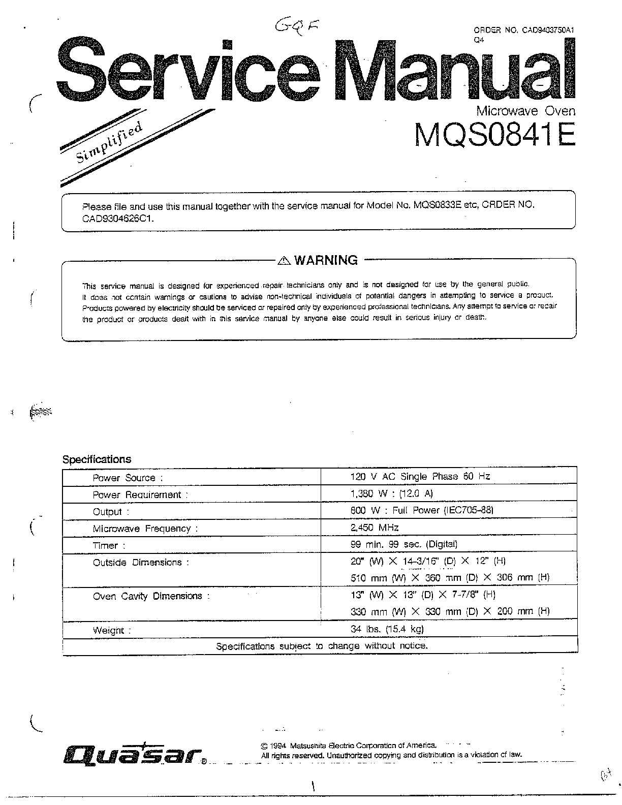 Quasar Microwave Oven Parts Model Mqs0841e Sears Microwave Ser