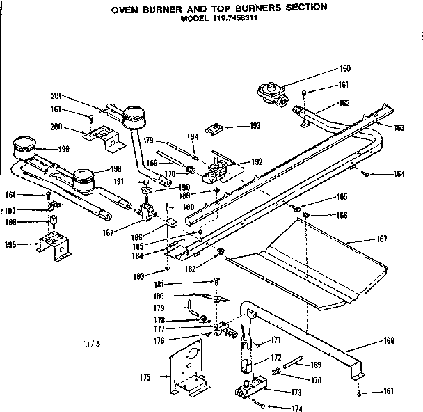 Oven burner and top burner section