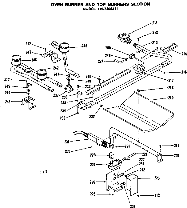 Oven burner and top burner section