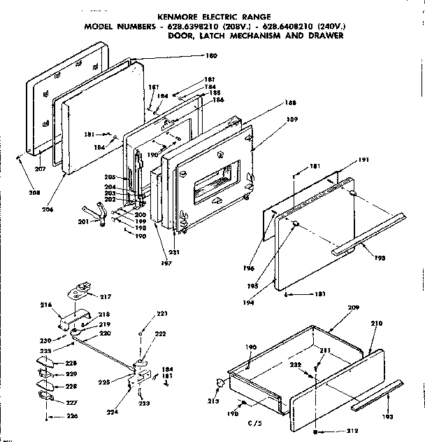 Door, latch mechanism and drawer