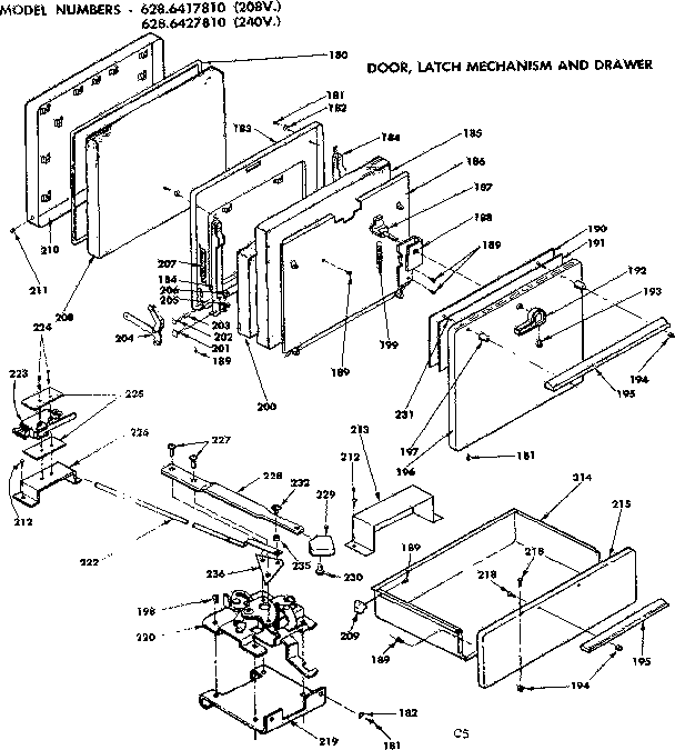 Door, latch mechanism and drawer