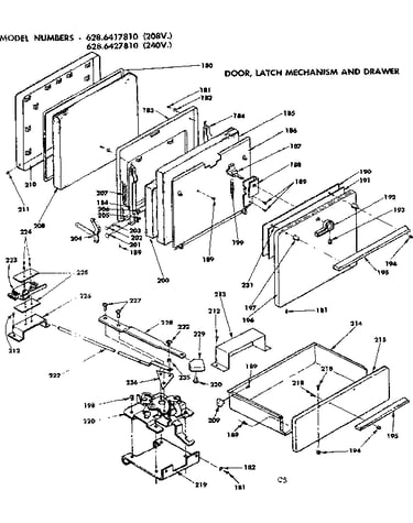Door, latch mechanism and drawer