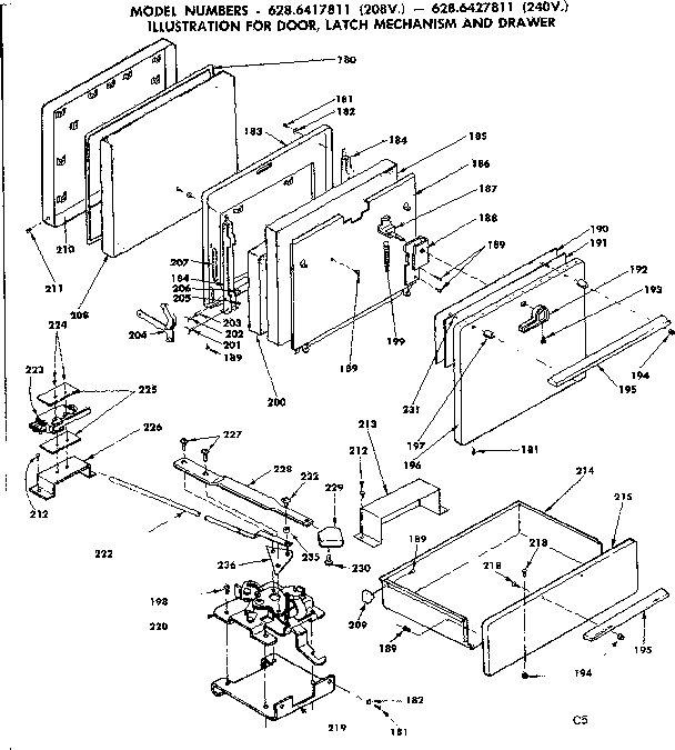 Door, latch mechanism and drawer
