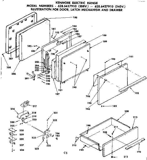 Door, latch mechanism and drawer