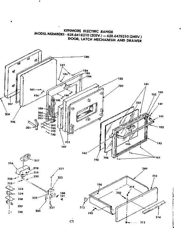 Door, latch mechanism and drawer