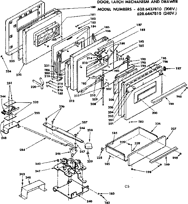 Door, latch mechanism and drawer