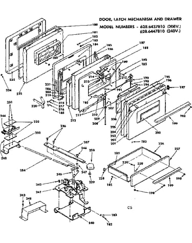 Door, latch mechanism and drawer