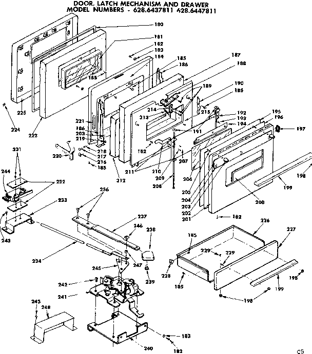 Door, latch mechanism and drawer