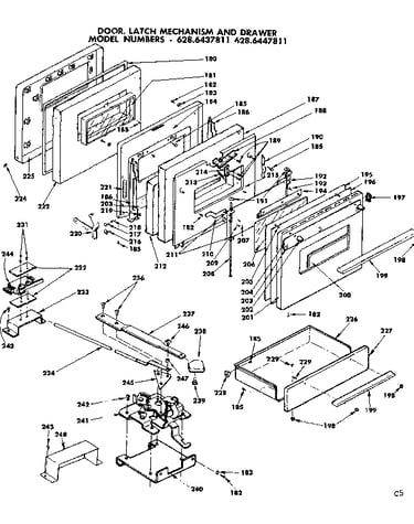 Door, latch mechanism and drawer