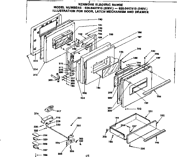 Door, latch mechanism and drawer