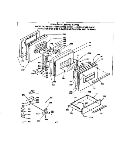 Door, latch mechanism and drawer
