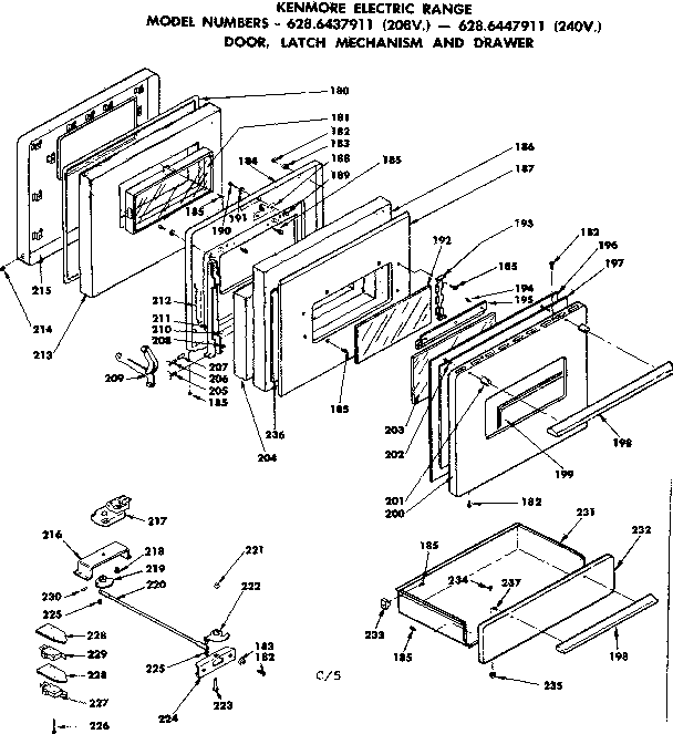 DOOR, LATCH MECHANISM AND DRAWER