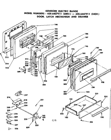 Door, latch mechanism and drawer