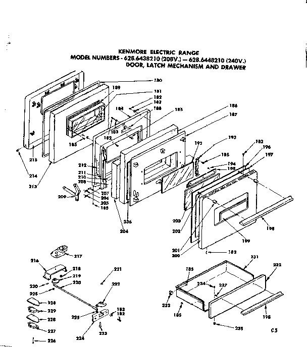 Door, latch mechanism and drawer