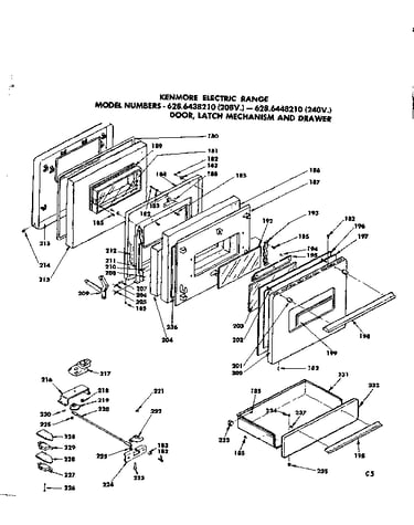 Door, latch mechanism and drawer