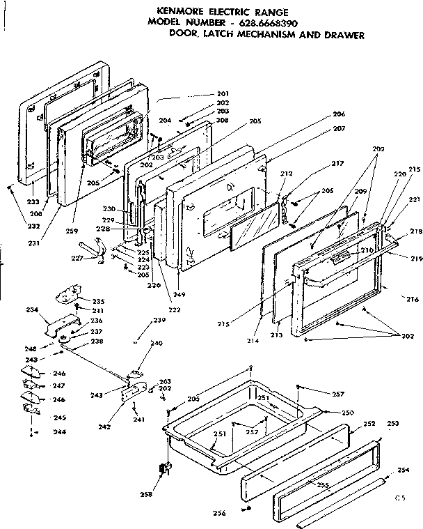 Door, latch mechanism and drawer