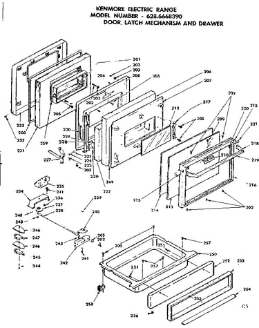 Door, latch mechanism and drawer