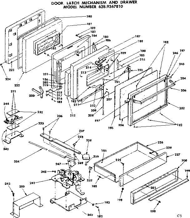 Door, latch mechanism and drawer
