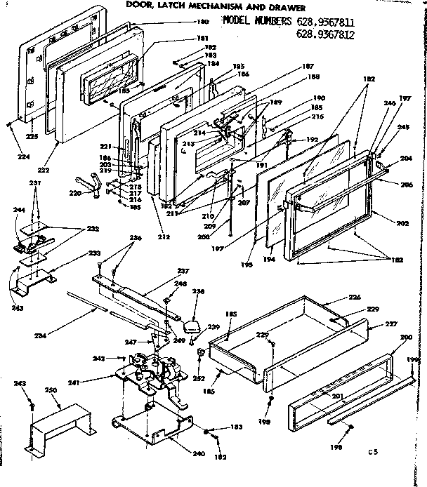 Door, latch mechanism and drawer