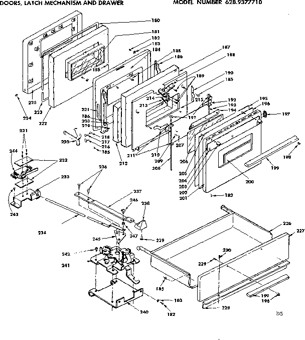 Door, latch mechanism and drawer
