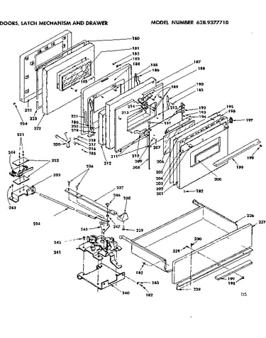 Door, latch mechanism and drawer