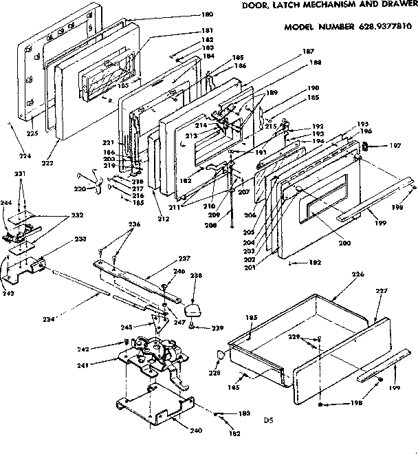 Door, latch mechanism and drawer