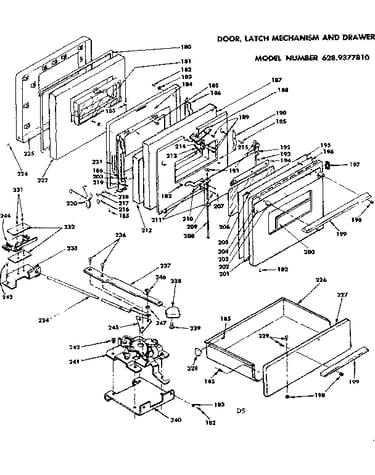 Door, latch mechanism and drawer