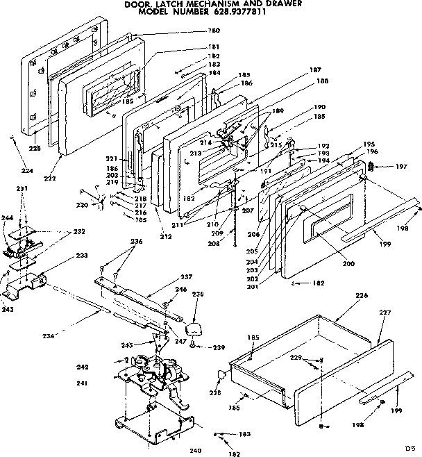 Door, latch mechanism and drawer