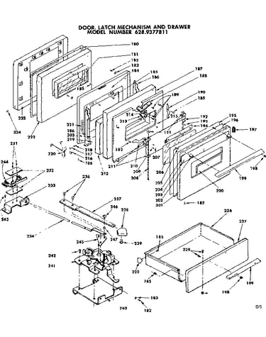 Door, latch mechanism and drawer