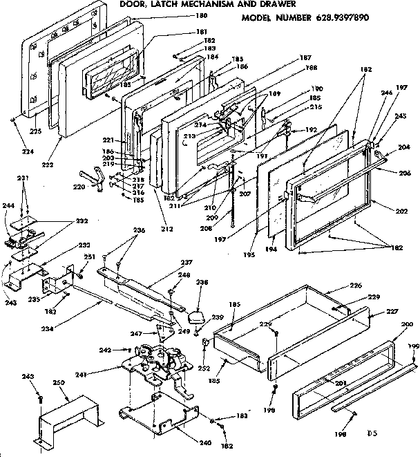 Door, latch mechanism and drawer