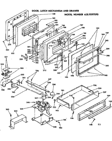 Door, latch mechanism and drawer