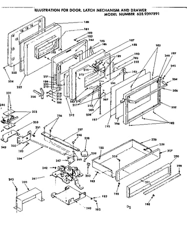 Door, latch mechanism and drawer