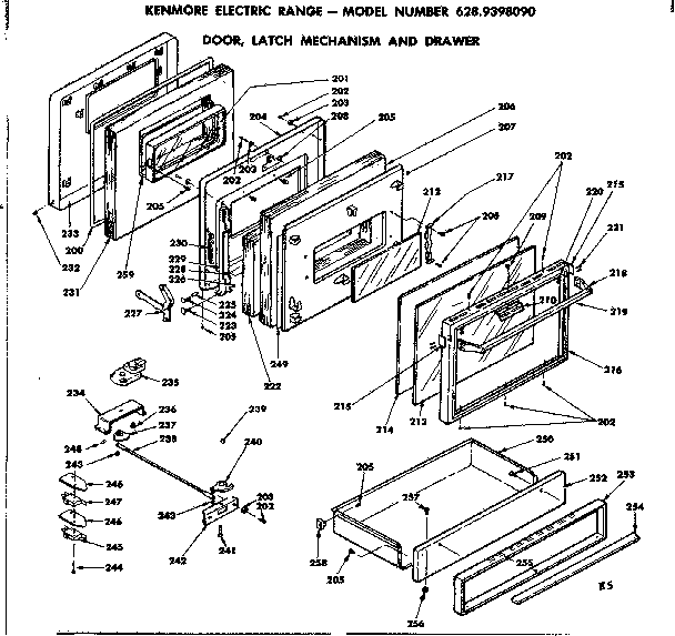 Door, latch mechanism & drawer