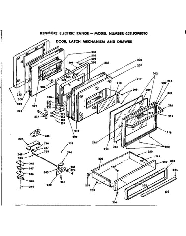 Door, latch mechanism & drawer