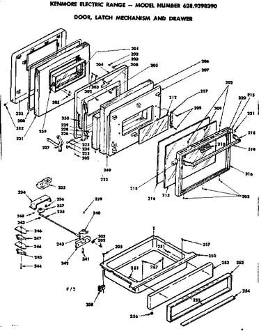 Door, latch mechanism and drawer
