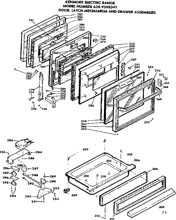 Door, latch mechanism and drawer assemblies