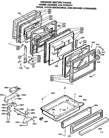 Door, latch mechanism and drawer assemblies