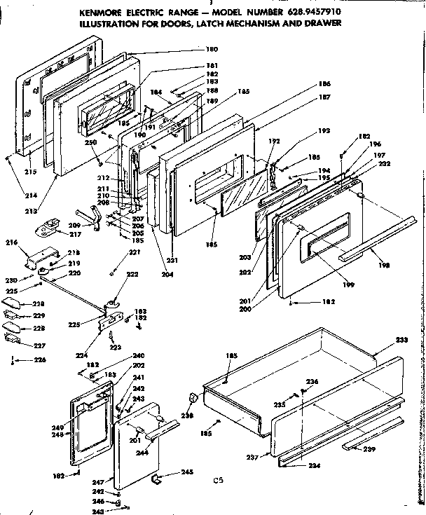 Doors, latch mechanism and drawer