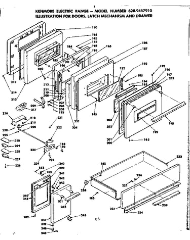 Doors, latch mechanism and drawer