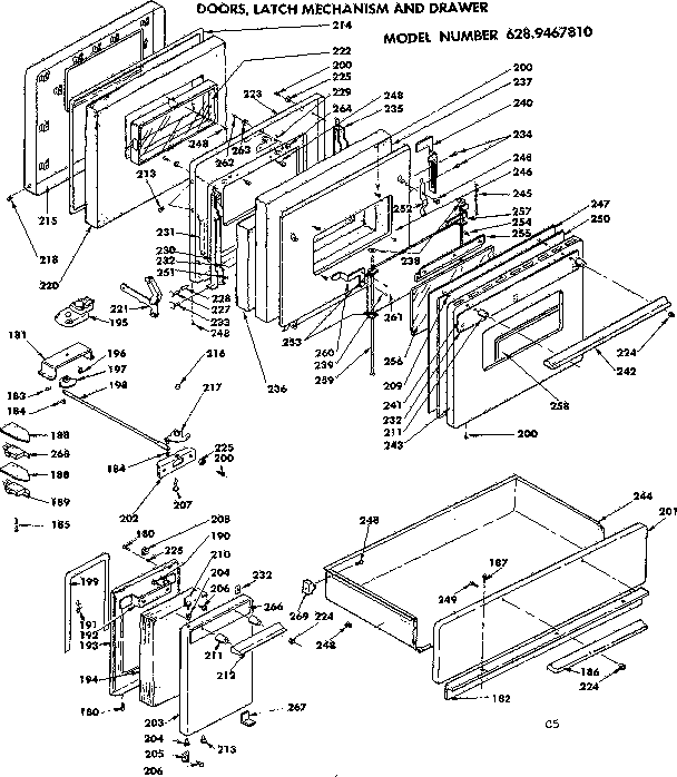 Doors, latch mechanism and drawer