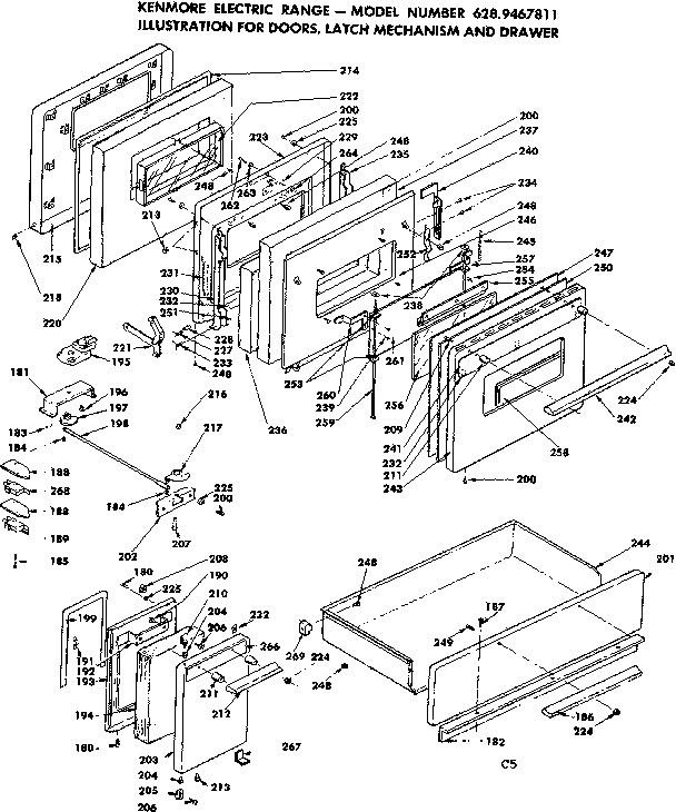 Doors, latch mechanism and drawer